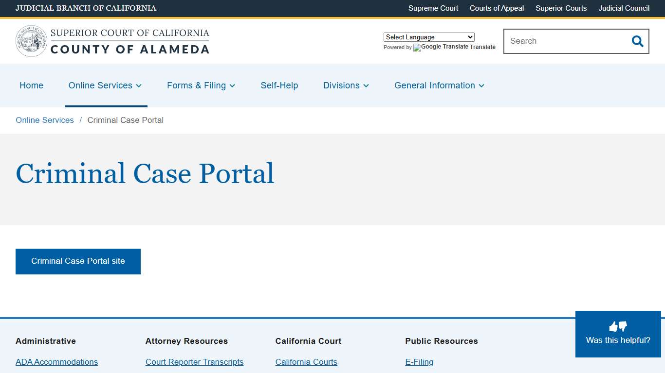 Criminal Case Portal Superior Court of California County of Alameda